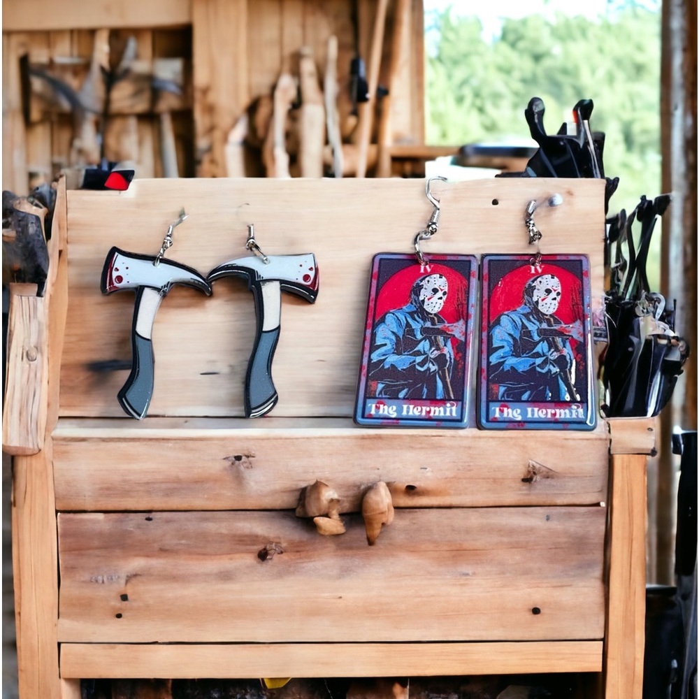 New 2 pair Halloween movie horror movie Jason and hatchet earrings